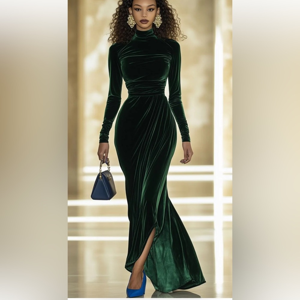 Luxurious Emerald Velvet Long Sleeve Dress